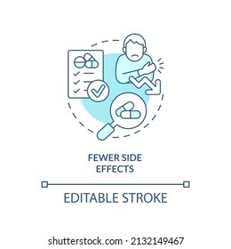 Fewer Side Effects Turquoise Concept Icon. Clinical Trials Advantage For Participant Abstract Idea Thin Line Illustration. Isolated Outline Drawing. Editable Stroke. Arial, Myriad Pro-Bold Fonts Used