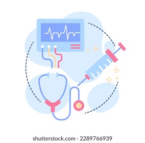 Fewer trips to doctor concept. Breastfeeding benefits, strengthening immune system for health care and prevention. Cardiogram, syringe and stethoscope. Cartoon flat vector illustration