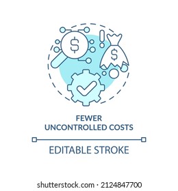 Fewer uncontrolled costs turquoise concept icon. Benefits of BPA in banking abstract idea thin line illustration. Isolated outline drawing. Editable stroke. Arial, Myriad Pro-Bold fonts used