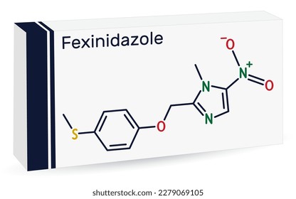 Fexinidazole molecule. It is drug used to treat African trypanosomiasis or sleeping sickness. Skeletal chemical formula. Paper packaging for drugs. Vector illustration