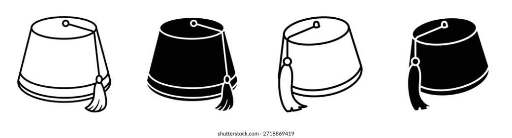 Fez-Hut-Symbol in linearem und Clipart-Style-Pack auf weißem Hintergrund.