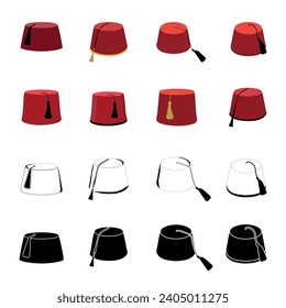 Fez Hat Vector Illustration Set With Clip Art White Background And Fez Hat Isolated Symbol. Turkey Istanbul Hat Cultural National Cap Type, Realistic Headgear Morocco Muslim Fez Hat Vector.