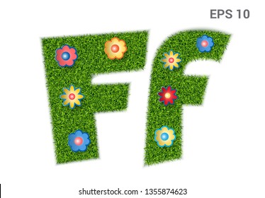 Ff - capital and capital letters of the alphabet with a texture of grass. Moorish lawn with flowers. Isolated on white background. Vector illustration