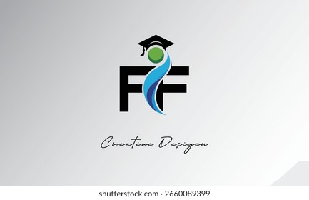 FF Creative Letter Logo with Graduation Cap and Abstract Human – Modern Education and Learning Symbol Design	
