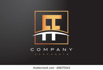 FF F F Golden Letter Logo Design with Swoosh and Rectangle Square Box Vector Design.