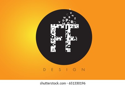 FF F F Logo Design Made of Small Letters with Black Circle and Yellow Background.