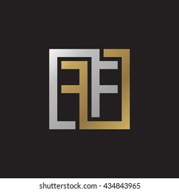 FF initial letters looping linked square elegant logo golden silver black background