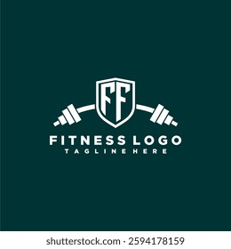 FF initial monogram for fitnes or gym logo with creative shield and barbell design