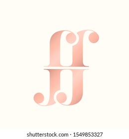 FF monogram logo made of lowercase letter j and letter r.Typographic icon.Rose color lettering sign.Serif alphabet initials isolated on light background.Decorative,luxury,beauty,boutique style.