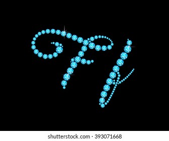 Ff in stunning Aquamarine Script precious round jewels, isolated on black. Vector EPS-10 file, transparency used. 