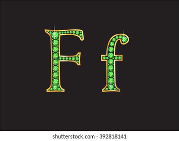 Ff in stunning peridot precious round jewels set into a 2-level gold gradient channel setting, isolated on black. Vector EPS-10 file, transparency used. 
