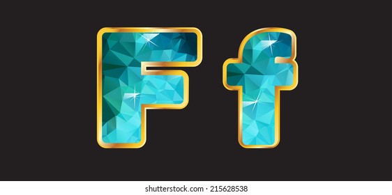 Ff in this series of letters made from 2 channels of gradient gold and a multi-layered teal aquamarine sparkling faceted interior. Vector EPS-10 file, transparency used.