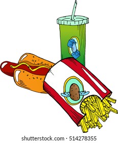 Ffast food. Hand drawn set french fries, hot dog and soda. Unhealthy food. Vector illustration of a set of fast food.