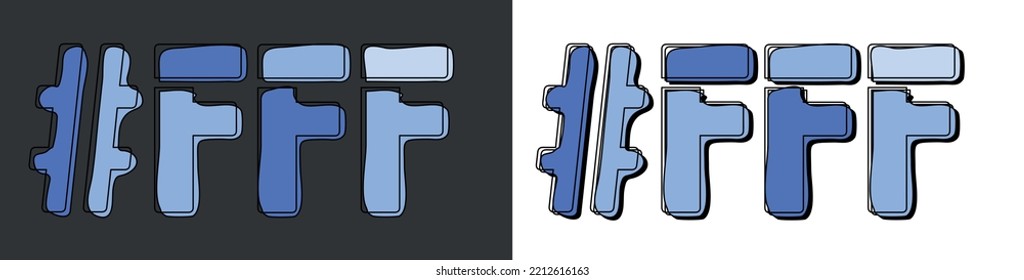 FFF Hashtag. Einzeln Sie die Kurven der Doppelbuchstaben. Set 2 in 1. Blaue Farben. Beliebt Hashtag #FFF für Social Network, Web-Ressourcen, mobile Apps, Spiele. Stockvektorbild.