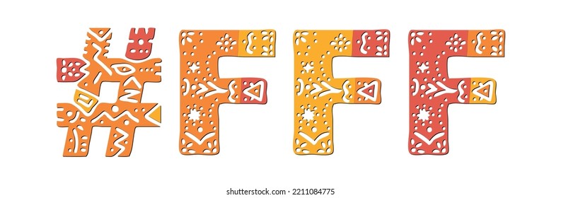 FFF Hashtag. Isolated text with national ethnic ornament. Patterned Popular Hashtag #FFF for social network, web resources, mobile app, games, clothing, t-shirt, banner, adv. Stock vector image