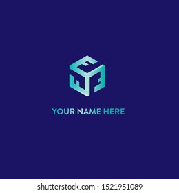 FFF monogram.Typographic logo with letters intertwined in a cube.Lettering icon.Alphabet initials in blue color isolated on dark background.Modern, clean, corporate style.Geometric characters, 