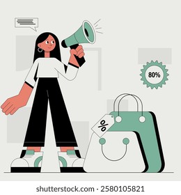 FFlat design sales ads illustration concept. A woman is holding a megaphone and standing next to a shopping bag