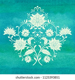 Ffloral element of pattern for your design. Imitation of chinese porcelain painting. Green seamless watercolor background. Hand drawing