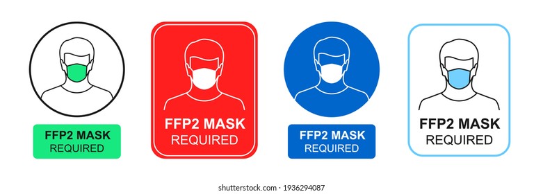 FFP2 face mask required sign, icon or sticker set in various design styles