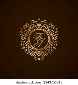 Logo de la letra inicial de FG con forma de corazón adorno