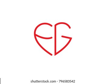 FG initial logo letter with heart shape red colored, logo design for wedding invitation, wedding name and business name.