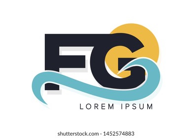 FG letter logo with ocean waves and sunset. Beach concept design