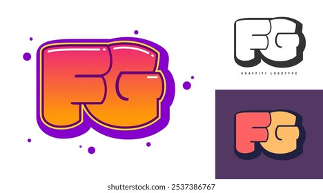 FG logo design for festival or party. Initial letter f and g in graffiti style. Creative modern lettering company name of font typography. Kids trendy logotype or identity. Vector illustration.