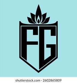 FG Logo featuring a minimalist design with a crown-like flower symbol on top, bold black elements, and a soft blue background, perfect for branding and modern visual identity.