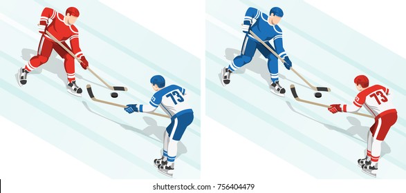 Fght for the puck at the hockey game. 2 variants of the coloring of uniform. Isometric illustration.