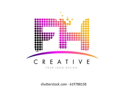 FH F H Dots Letter Logo Design with Magenta Bubble Circles and Swoosh