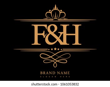 F&H Initial logo, Ampersand initial logo gold with crown and classic pattern