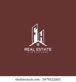 Edificio de monograma inicial FH y logotipo de techo para bienes raíces