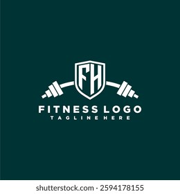 FH initial monogram for fitnes or gym logo with creative shield and barbell design