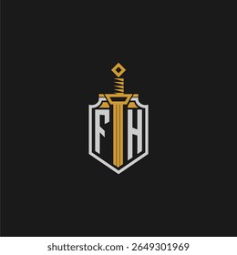Monograma inicial FH para imagem de escudo e espada