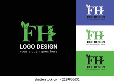 Letras FH eco logo con hoja. Tipo de vectores para afiches naturales, emblema ecológico, identidad vegana, tarjetas botánicas y de hierbas, etc. Ecología de las letras FH con hoja verde.