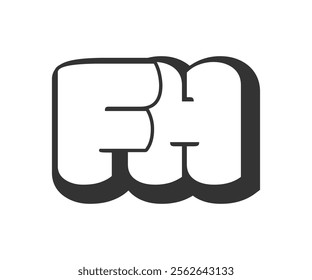 FH logo, bubble comic lettering, rounded in graffiti style black and white silhouette. Trendy preschool F and H letter text for festival party, personal initials, children funky print and web.