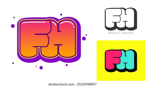 FH logo design for festival or party. Initial letter f and h in graffiti style. Creative modern lettering company name of font typography. Kids trendy logotype or identity. Vector illustration.