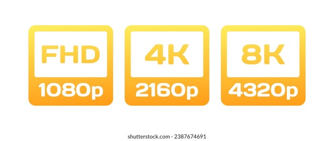 FHD, 4K, 8K resolution icons. Flat, yellow, resolution icons, FHD, 4K, 8K resolution. Vector icons