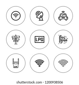 Fi icon set. collection of 9 outline fi icons with teleportation, signal, signaling icons. editable icons.
