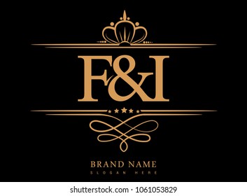 F&I Initial logo, Ampersand initial logo gold with crown and classic pattern