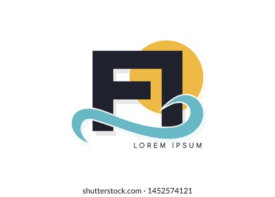 FI letter logo with ocean waves and sunset. Beach concept design