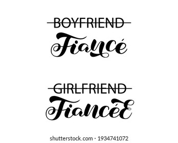 Fiance and Fiancee brush lettering for couple shirts. Vector stock illustration for banner