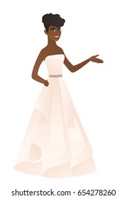 Fiancee with arm out in a welcoming gesture. Full length of welcoming african-american fiancee. Young fiancee doing a welcome gesture. Vector flat design illustration isolated on white background.