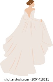 Fiancee. Bride. Bride wearing wedding dress. Vector illustration. Vector graphic. Back view woman. Long wedding dress. Bridal dress. Open back dress. Isolated vector.