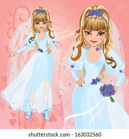 fiancee with the colors of violets in long light dress and bridal veil