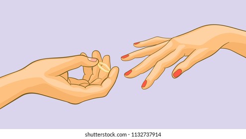 fiancees hands with ring, pop art illustration