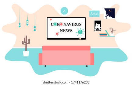 FIat illustration depicting news on tv at home. Stay at home and catching up on news about coronavirus. Monitor the situation in the world. Isolation at home. Landing page colorful vector illustration