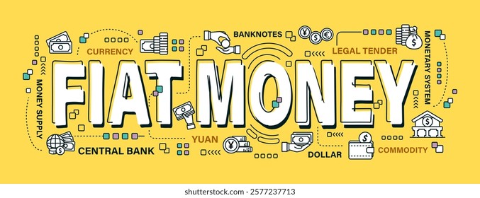 Fiat money . Word and outline icon on solid color background . Cryptocurrency concept . Vector . Editable stroke .