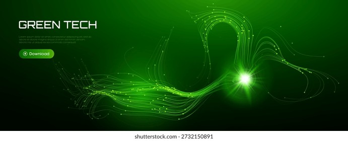 Fibra ai verde e dados de onda bg com fundo de tecnologia preto. Fluxo óptico e abstrato de linha de ponto com grande forma de círculo esg. Padrão de fibra de tecnologia e partícula de onda de luz com dados de textura 3d.