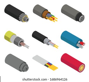 Fiber cable vector isometric set icon. Isolated isometric set icon fibre wire. Vector illustration fiber cable on white background.